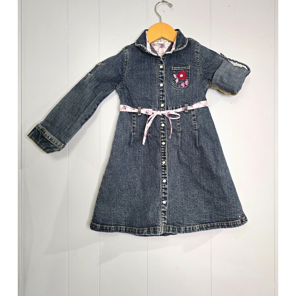 Tommy Hilfiger Girls Denim Shirt Dress Dark Wash Floral Belt Size 5 Snap Front